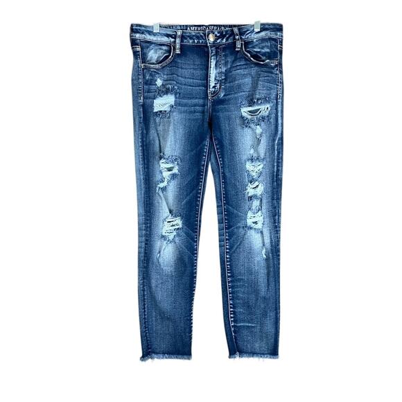 American Eagle Womens Jeans Blue Aeo Denim X Distressed Crop Jegging Stretch 12 - Picture 1 of 13